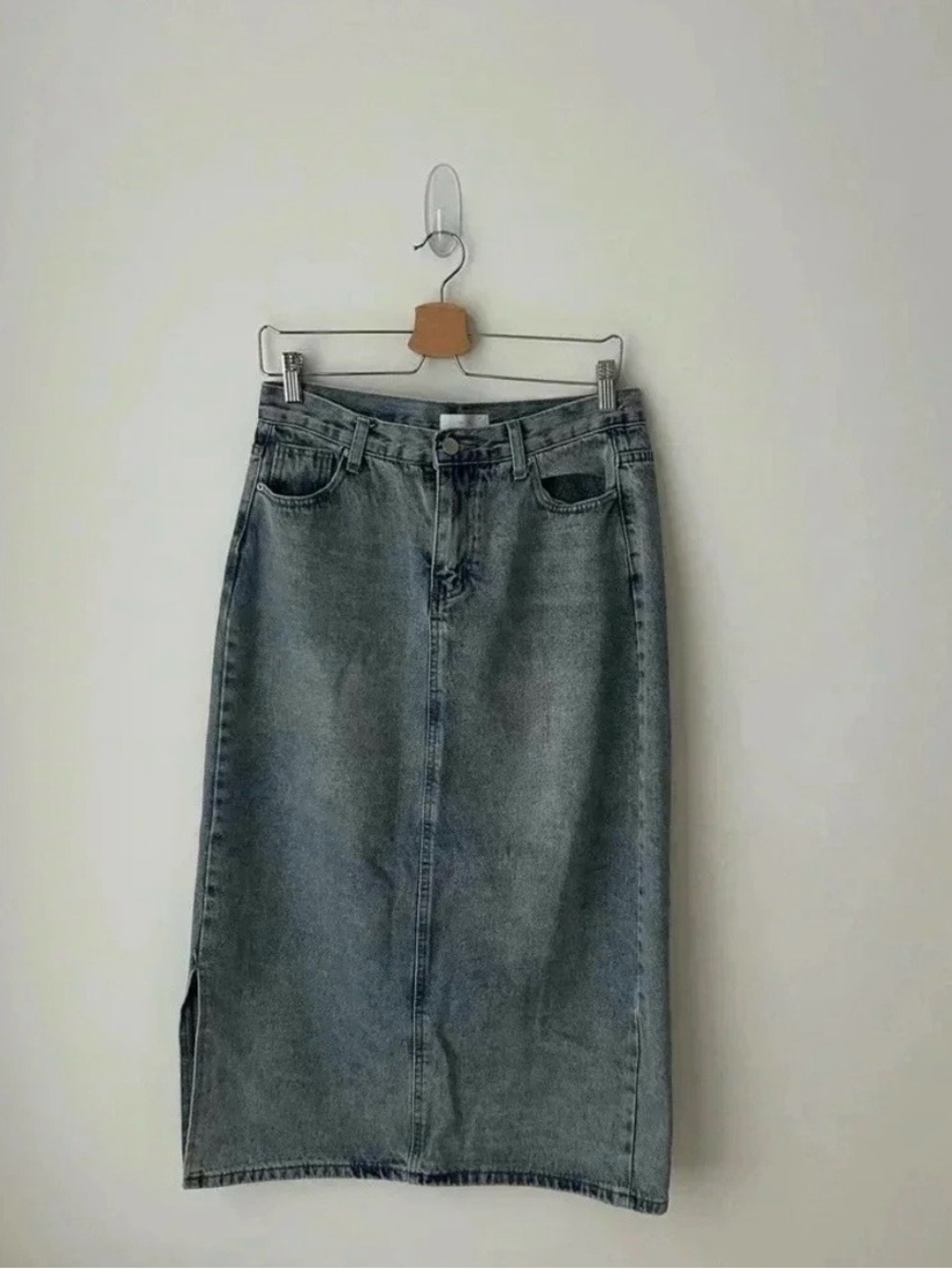 OAK + FORT Straight Leg Denim Skirt in Washed Blue